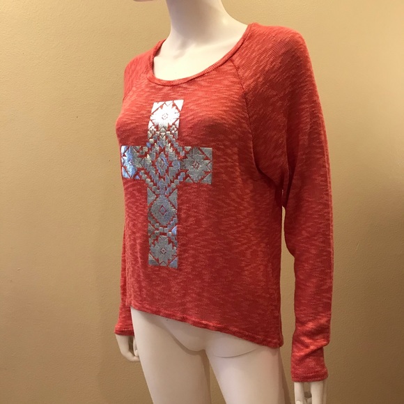 Ransom Lightweight Knit Sweater Womens Size Medium Silver Cross Salmon Orange - Picture 8 of 11